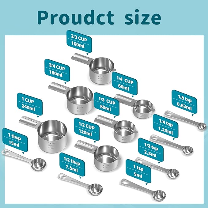 Minteem Measuring Cups and Spoons Set, Stainless Steel Measuring Cups Measuring Spoons with Easy to Read Markings, Ideal Kitchen Gadgets for Cooking & Baking, 12 Pack