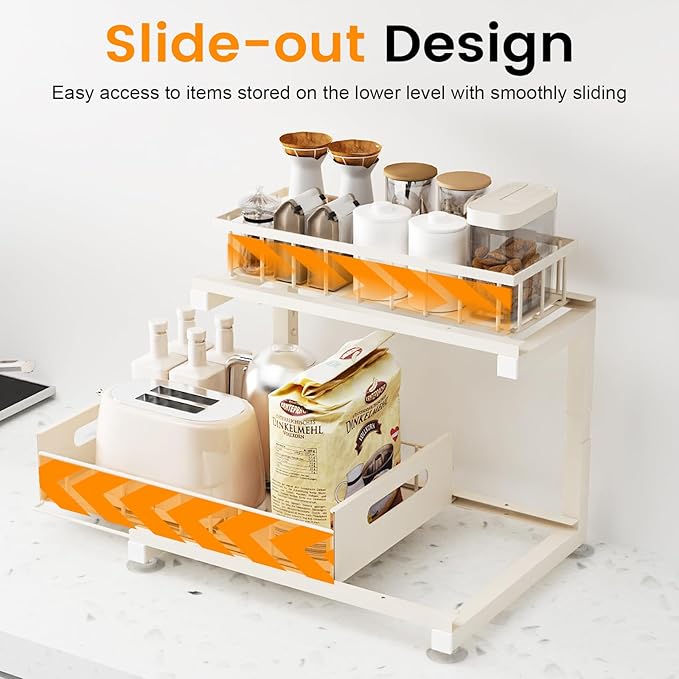 Toyear Under Sink Organizer, Heavy Duty Metal Pull Out Cabinet Organizer Slide Out Sink Shelf Organizer Height Adjustable, Multi-Purpose Storage Shelf for Kitchen Bathroom(Sand,1Pack)