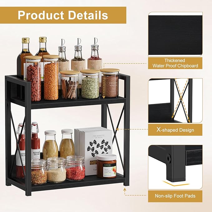 Giikin Kitchen Countertop Organizer, 2 Tier Coffee Bar Organizer, Black Spice Rack for Counter, Kitchen Counter Shelves (Black, L)