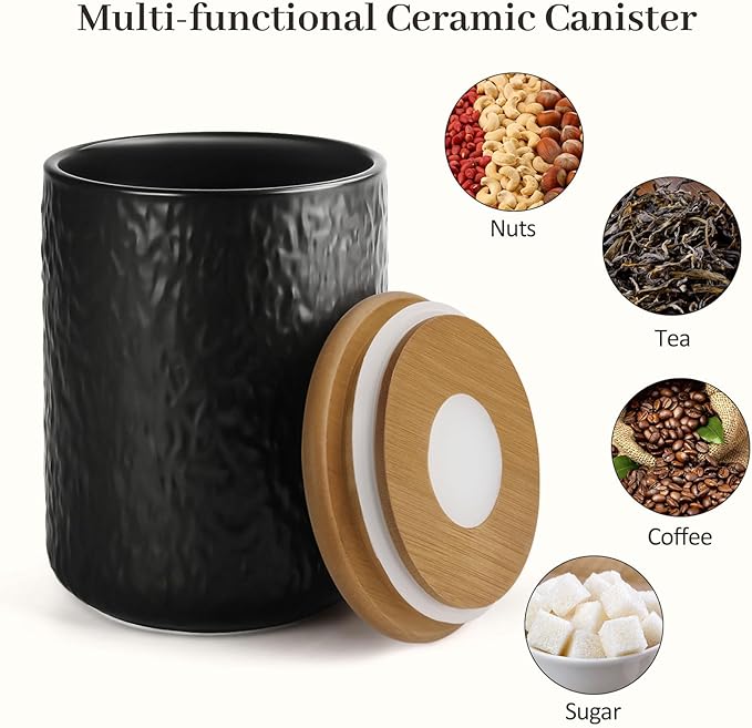 Canisters Set for Kitchen Food Storag of 3 Piece, Airtight Kitchen Canisters for Countertop, Modern Ceramic Jar with Top Handle & Wooden Lid for Coffee Tea Sugar Flour Cookie(Black)