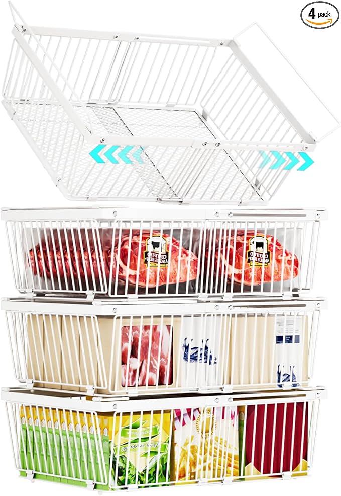 Large Freezer Organizer Bins，Upgraded Bottom Leak-Proof net，4 Pack， Expandable Stackable Chest Freezer Containers with Handle，for Fridge, Deep Freezer, Cabinet, Kitchen, Pantry (White-4Pack)