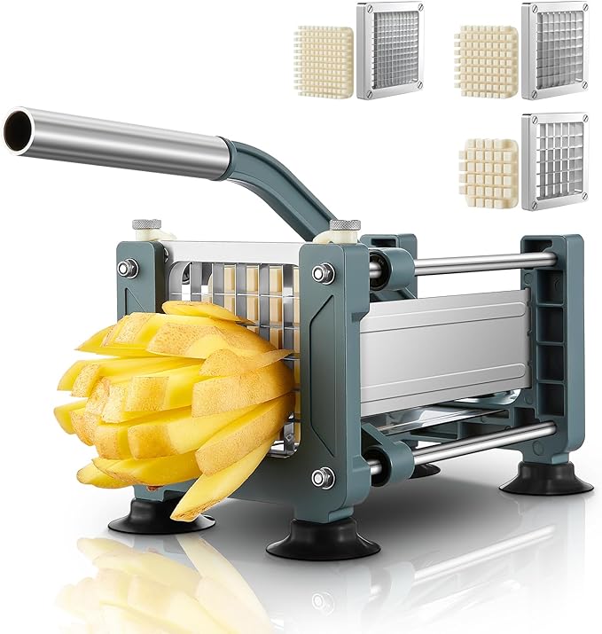 FOHRER French Fry Cutter, Professional Manual Potato Cutter for Fries with 1/2 Inch, 3/8 Inch and 1/4 Inch Heavy Duty Stainless Steel Blades, Easy to Use for Whole Potatoes, Carrots, Cucumbers