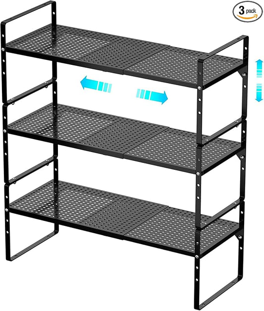 Redrubbit Large Expandable Cabinet Storage Shelf, Adjustable Height Steel Metal Kitchen Counter Organizers Shelves Spice Rack for Kitchen Pantry Bathroom Cupboard Desk Home Office, Black-3 Pack