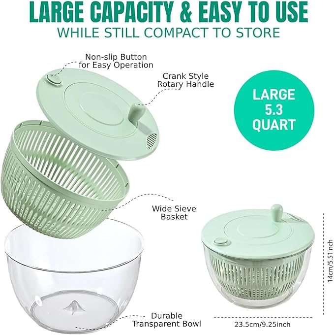 Salad Spinner large with 5-Blade Slicer, 5.3 Qt Salad Dryer for Washing, Spinning, and Draining Greens, Fruits, and Vegetables, Egg Yolk Strainer, Salad Bowl for Efficient Salad Preparation and Food