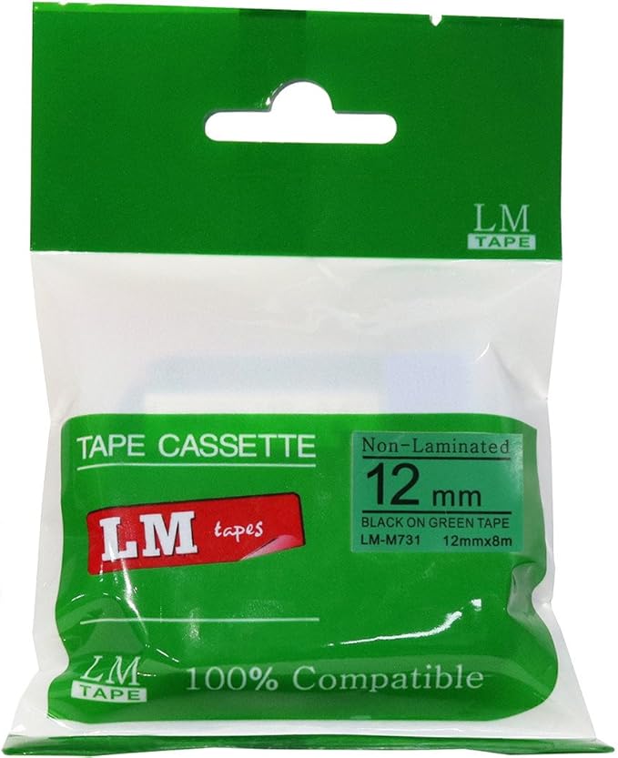 LM Tapes - Premium Compatible 1/2" (12mm) Black on Green M Series P-Touch Tape, Replaces M731