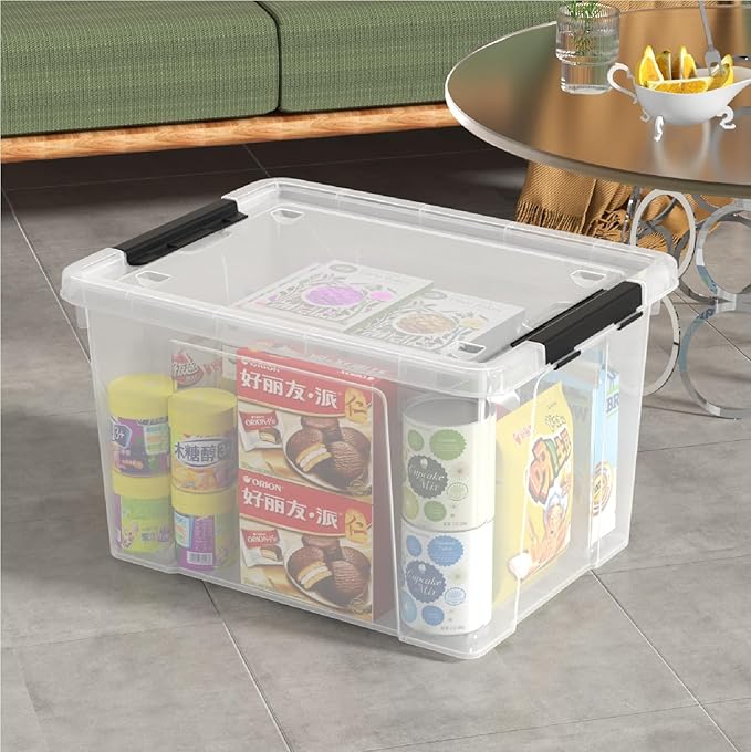 Obstnny 50 Quart Clear Latching Container Bin, 4 Pack Plastic Storage Bin with Wheels