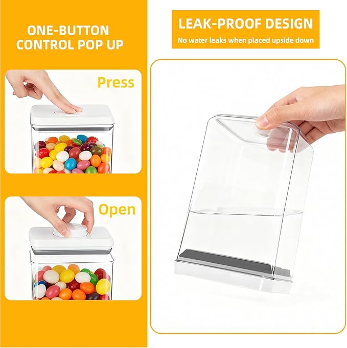 6 Pcs Airtight Food Storage Containers with Lids, Push Button Seal BPA-Free Set for Kitchen Pantry, 0.65QT/0.7QT/1.8QT/2.4QT for Bulk Dry Food, Cereal, Flour, Sugar, RV Kitchen Storage