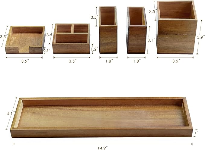 ROCDEER Wood Vanity Tray, 6-Piece Small Bathroom Counter Organizer Wooden Decorative Trays Rectangular Perfume Jewelry Makeup Cosmetic Holder Set - Holds Small Items