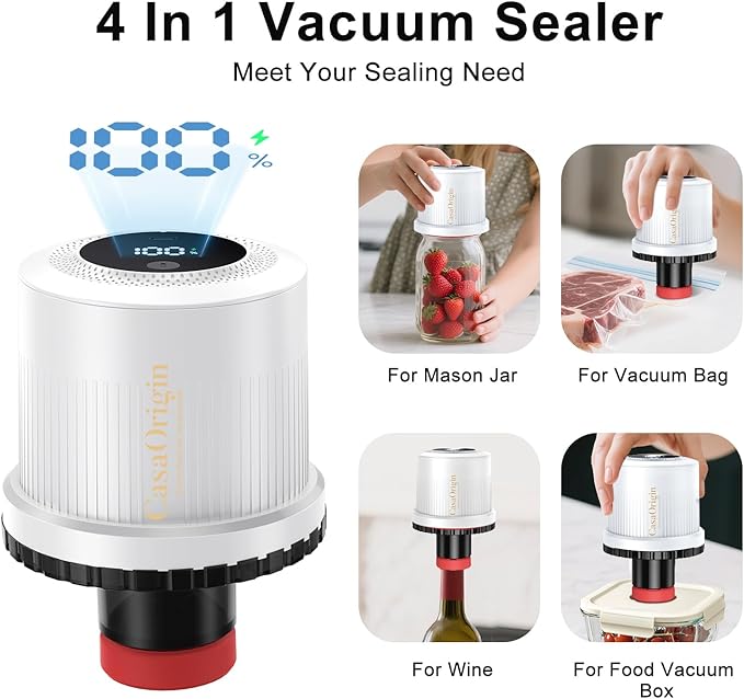 Electric Mason Jar Vacuum Sealer Kit for Wide & Regular Mouth Jars, Automatic Jar Sealer for Canning and Food Storage, Includes Lids & Vcuum Bags