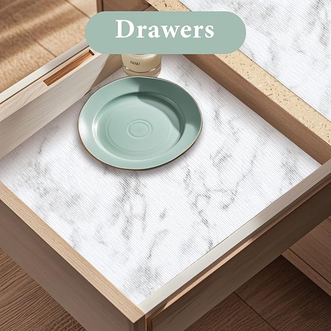 Drawer and Shelf Liner for Kitchen Cabinet: 17 in X 20 Ft Non Slip Waterproof Shelf Paper Non Adhesive Refrigerator Liners White Marble Easy Liners for Bathroom Cupboard with Knife Tape Measure