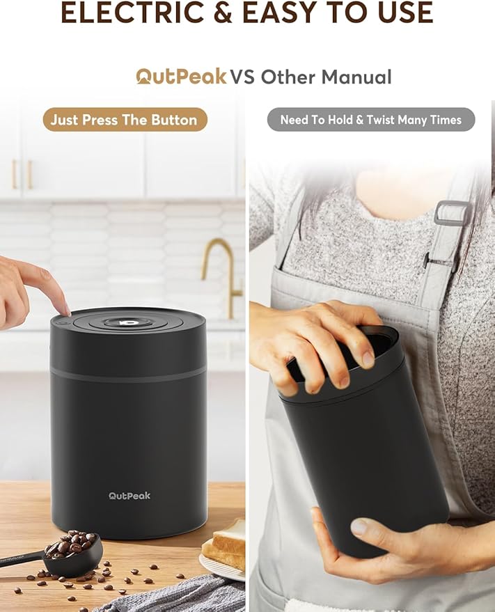 OUTPEAK Neo 2026 Auto Vacuum Coffee Canister, 0.75L Capacity for 8.8oz of Coffee Beans, One-Button Operation, Stainless Steel Food Storage Container with Scoop Black (Champion's Choice)