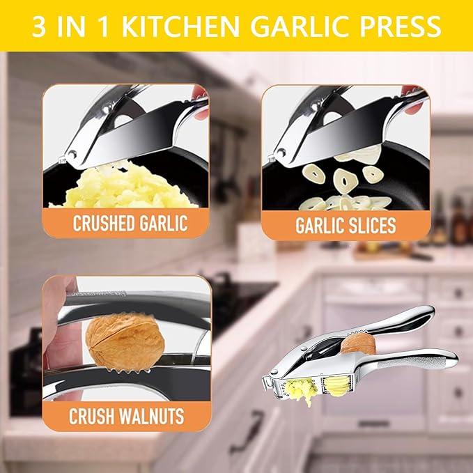 Garlic Press and Slicer 2 in 1, Rust Proof & Dishwasher Safe Professional Garlic Mincer Tool, Effortlessly Crush and Mince Garlic with this Ergonomic Handle-Garlic Slicer & Brush ANCQMI(Silver)