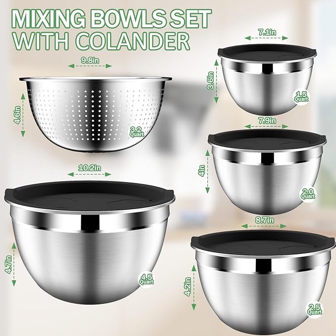 DUTZUN Mixing Bowls with Lids Set, Stainless Steel Mixing Bowls with Colander, Strainer with Mixing Bowl Set, Kitchen Gadgets Bowl Christams Gift, Size 4.5, 2.5, 2, 1.5QT - Black