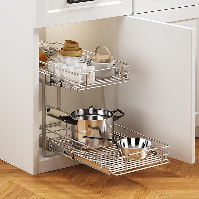 MODCART 2 Tier Individual Pull Out Cabinet Organizer 10½" W x 21½" D, Heavy Duty Cabinet Pull Out Shelves, Slide Out Drawers Organization for Kitchen Cabinets Bathroom