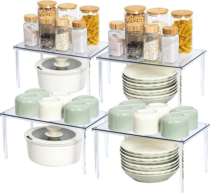 Bobomoment Acrylic Cabinet Organizer, Set of 4 Spice Rack Organizer for Cabinet, Desk Countertop Shelf Organizer, Pantry Kitchen Storage and Organization, Stackable Shelves House Essentials for Gift