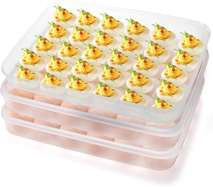 3 Pack Deviled Egg Containers with Lid, 90 Slot Plastic Egg Holder for Refrigerator, Clear Storage Egg Carrier Tray Stackable Egg Dispense for Party, Easter, Travel, Camping