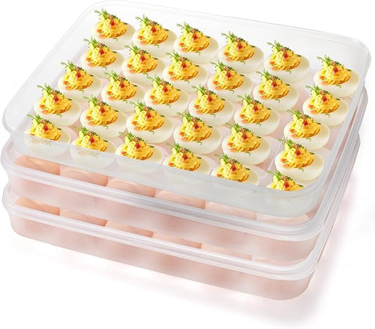 3 Pack Deviled Egg Containers with Lid, 90 Slot Plastic Egg Holder for Refrigerator, Clear Storage Egg Carrier Tray Stackable Egg Dispense for Party, Easter, Travel, Camping