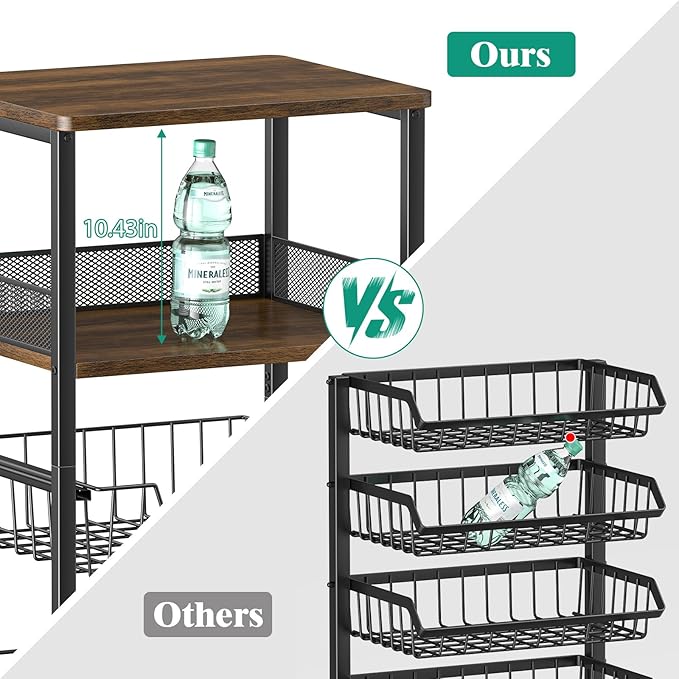 Giwil Vegetable Fruit Basket for Kitchen Pantry Organizers Storage, 4-Tier Utility Rolling Cart on Wheels with Wood Rack and Drawer Wire Baskets for Onions Potatoes Snacks, Black