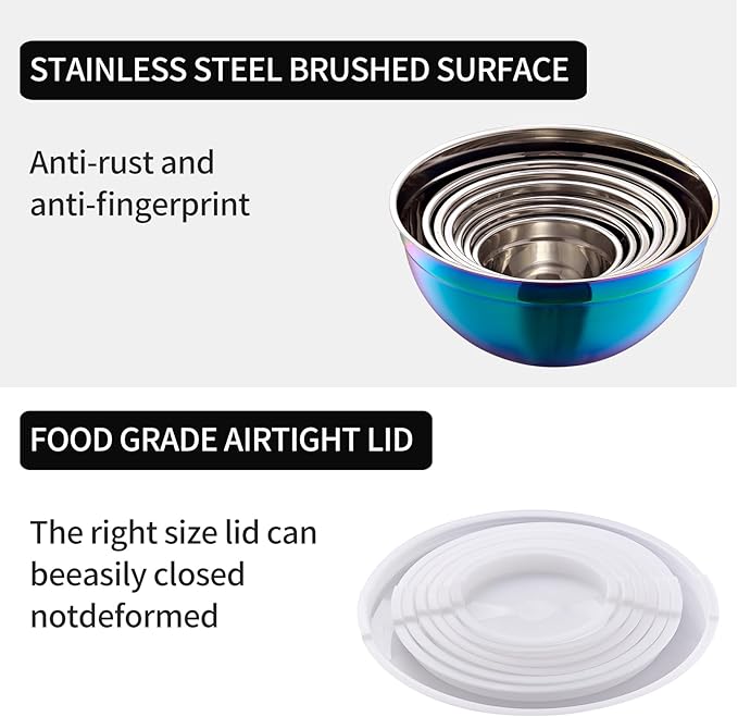 LKTDYMEG Rainbow Mixing Bowls with Lids Set of 7, Stainless Steel Nesting Bowl with Khaki Lid for Non-slip Mixing Prepping Storing Serving, 7 Sizes-7/3.6/2.7/2.1/1.5/1/0.8 QT