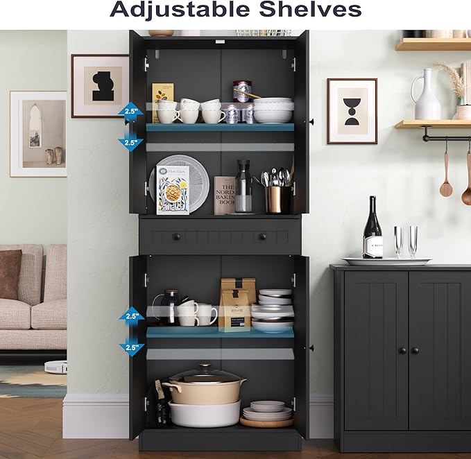 Furnify Kitchen Pantry Storage Cabinet, 71" H Farmhouse Pantry Cabinet with 4 Doors & Drawer, Freestanding Cupboard with Adjustable Shelves, Rustic Wood Cupboard for Kitchen, Dining Room, Black