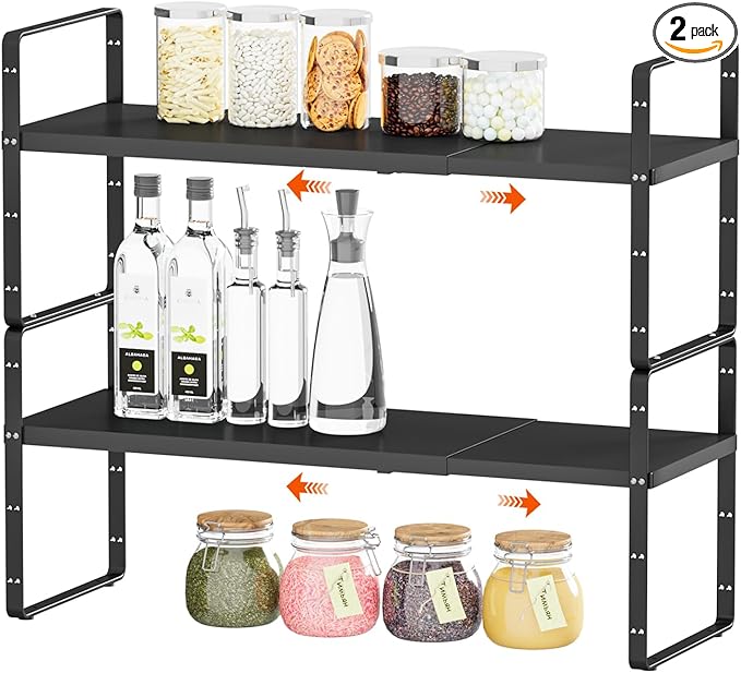 DPZM 2Pack 16.5-27’’L Expandable Cabinet Countertop Shelf Organizer, Stackable Metal Shelves, Kitchen Organizers and Storage, Black Storage Spice Rack for Pantry and Cupboard