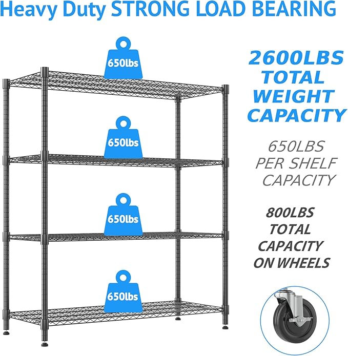 Homdox Heavy Duty Metal Shelves for Storage, 4 Tier Storage Racks and Shelving, Commercial Adjustable Wire Shelving Unit on Wheels, Garage Rack Pantry Shelves Kitchen Shelving, 24"x48"x72", Black