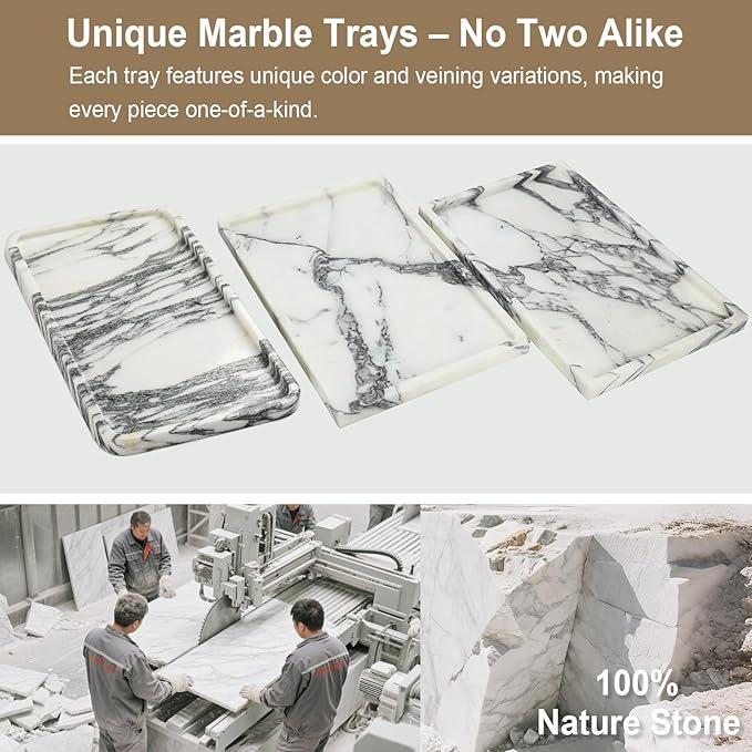 Natural Marble Vanity Tray - Moujings Genuine Marble Perfume Tray for Bathroom Decor, Stone Bathroom Vanity Organizer Tray for Kitchen Counter, Candles, Jewelry, Coffee, Makeup, Key
