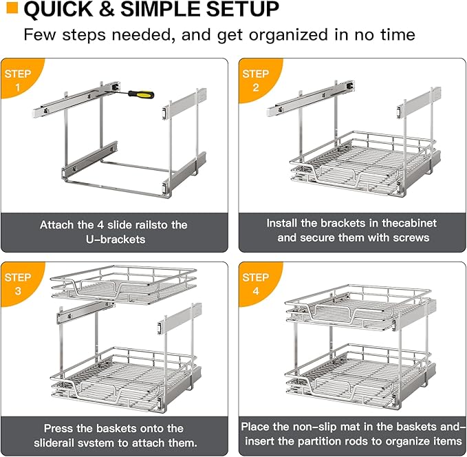 QUYUWU 2-Tier Kitchen Cabinet,Pull Out Cabinet Organizer,Shelf and Drawer Organizer Slide Out Pantry Storaqe Basket in Multiple Sizes (12" W x21 D)