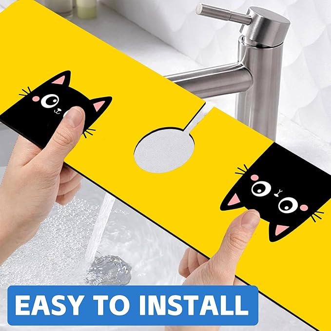 Cute Black Cat Head Kitchen Sink Splash Guard Mat Absorbent Fast Drying Mat Faucet Draining Mat Sink Splash Guard Behind Faucet Drip Catcher for Kitchen Bathroom 5.5"×24"