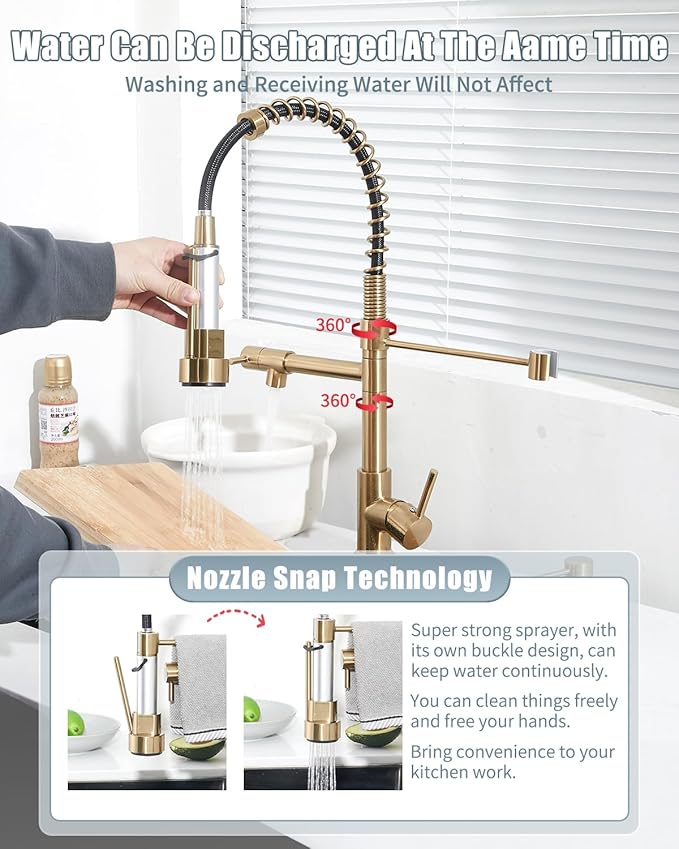 Kitchen Faucets with Pull Down Sprayer, Brushed Gold Faucet for Kitchen Sink with Dual Function Spray Head, Commercial Spring Single Hole Kitchen Sink Faucet with Dual Function Spray Head