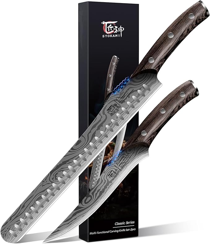 SYOKAMI Brisket Slicing Knife Set, Carving and Boning Knife for Meat & Turkey Cutting, Japanese Style High Carbon Steel Kitchen Knives Set For Home & BBQ, Wood Ergonomic Full Tang Handle, Christmas gift