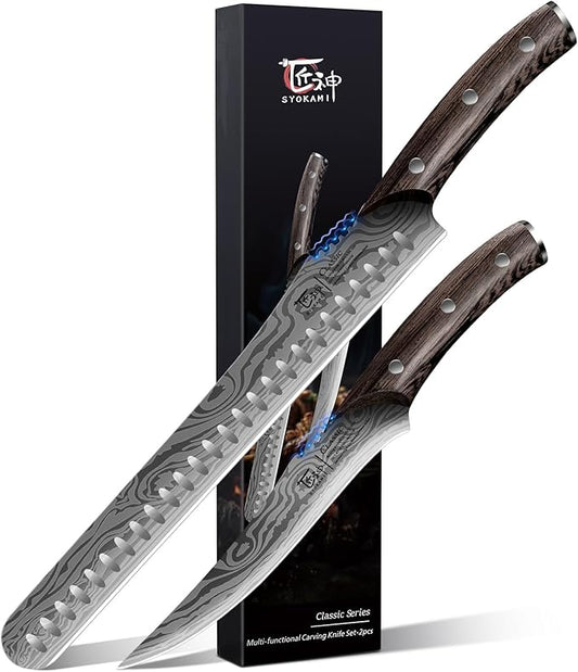 SYOKAMI Brisket Slicing Knife Set, Carving and Boning Knife for Meat & Turkey Cutting, Japanese Style High Carbon Steel Kitchen Knives Set For Home & BBQ, Wood Ergonomic Full Tang Handle, Christmas gift