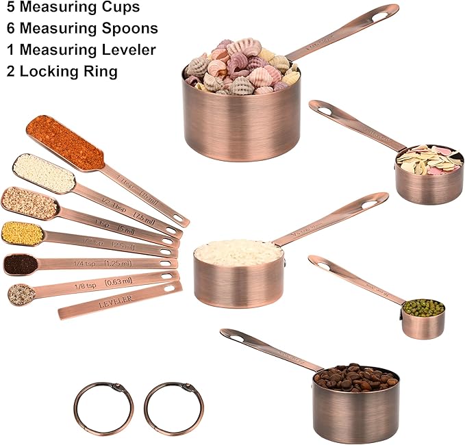 Nstezrne Copper Measuring Cups and Spoons Set, Stainless Steel Measuring Cups and Spoons Set 12, Metal Measuring Cups Set, 5 Measuring Cup Set and 6 Copper Measuring Spoons &Leveler for Kitchen