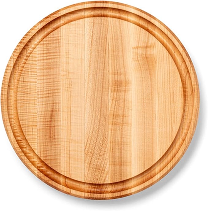 John Boos CB Series Round Wooden Maple Cutting Board 15”x15” – 1.75” Thick, 11-lb Reversible Butcher Block with Juice Groove, Edge-Grain & Finger Grips – Made in the USA