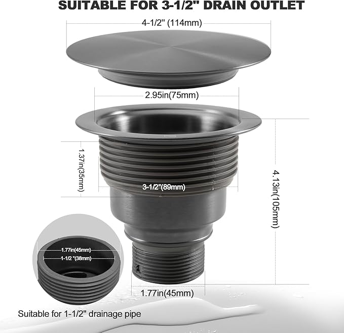 3 1/2" Kitchen Sink Drain Kit Replacement Sink Drain Assembly Removable 304 Stainless Steel Deepen Sink Strainer Basket with Sealing Cover for Kitchen Laundry Room RV(Black)