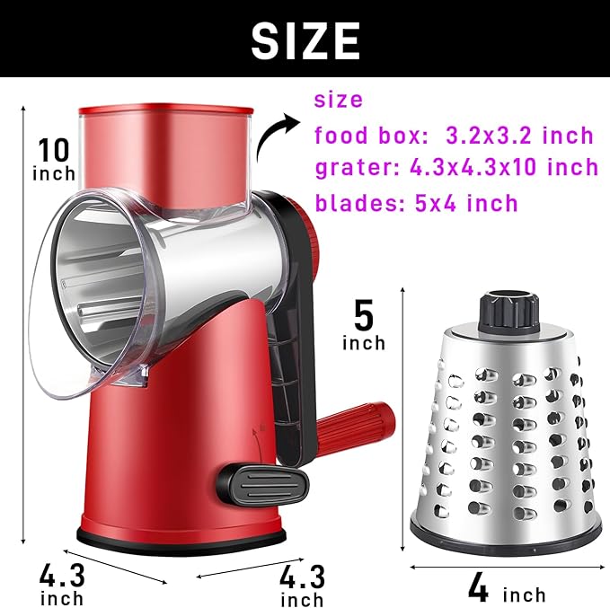 Weltonhm Rotary Cheese Graters with 4 Blades, Hand Crank Cheese Grater with Waffle Slicer, Red, Black and White Cheese Shredder with Suction Base, Easier for Shredding & Grating (Red, 4 Graters)