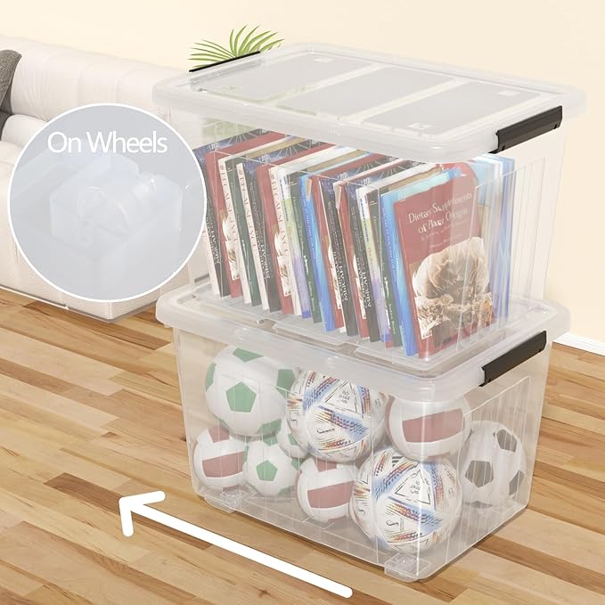 70 Quart Large Plastic Storage Box, Clear Latching Bin with Lid and Wheels, 4 Packs