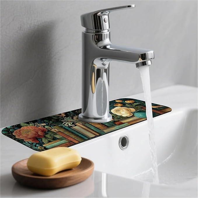 Kitchen Sink Splash Guard，Flowers and Books Faucet Mat Sink Gadgets-Super Absorbent Fast Drying Mat Drip Catcher for Kitchen, Bathroom,Sink Mat, Dish Drying Mat, Bathroom(15" X 5.5" )