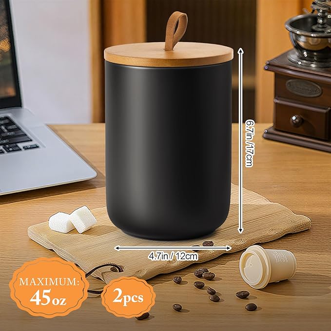 Canisters Sets for the Kitchen, 2 Large Kitchen Canister with Airtight Top Handle, Ceramic Canisters for Kitchen Counter, Black canisters, Modern Ceramic Jar with Wooden Lid for Coffee Flour