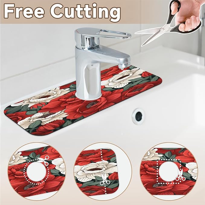 Red And White Roses Kitchen Faucet Mat Splash Guard, 15.4”x5.7” Absorbent Quick Drying Sink Mat for Countertop Protection, Draining Mat Sink Protectors For Kitchen Bathroom, 1 Pack