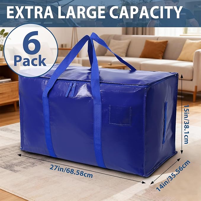 6 Pack Moving Bags Heavy Duty, Extra Large Moving Bags, Moving Supplies, Storage Bags with Handles and Zippers, Waterproof Totes for Storage Space Saving Packaging Shipping and Travel(Blue)