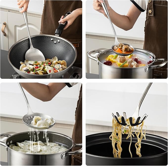 MAXCOOK Cooking Utensils set, 18/8 Stainless Steel Kitchen Utensils set, 7 Pieces Cookware Set with Rotating Holder, Heat Resistant Stainless Steel Cooking Spoon(Dishwasher Safe)