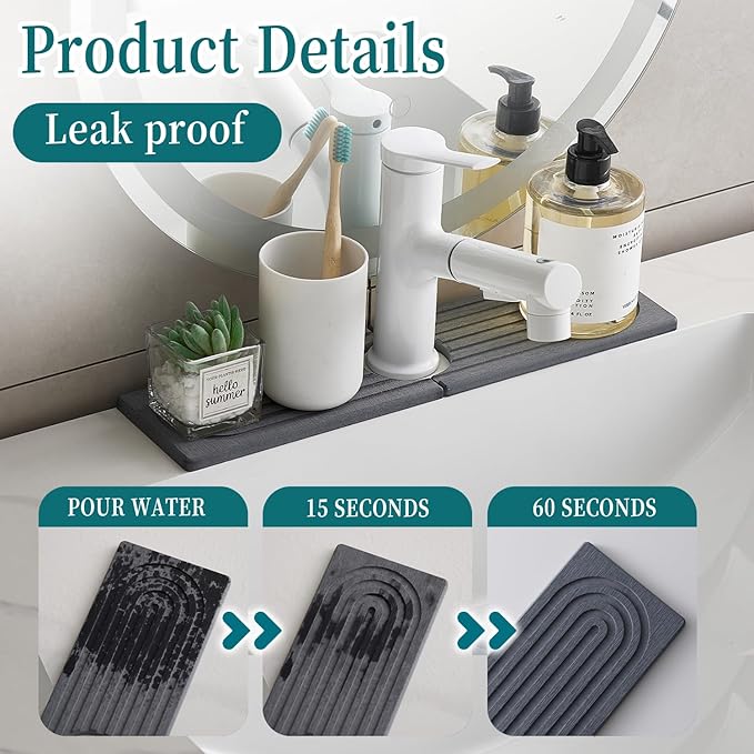 Stone Faucet Mat for Kitchen Sink Bathroom Counter. 15.7 Inch Dark Grey Diatomite Water-Absorbing Drying Stone Mat, Sink Stone Tray Protector,Prevent Moisture Sink Splash Guard