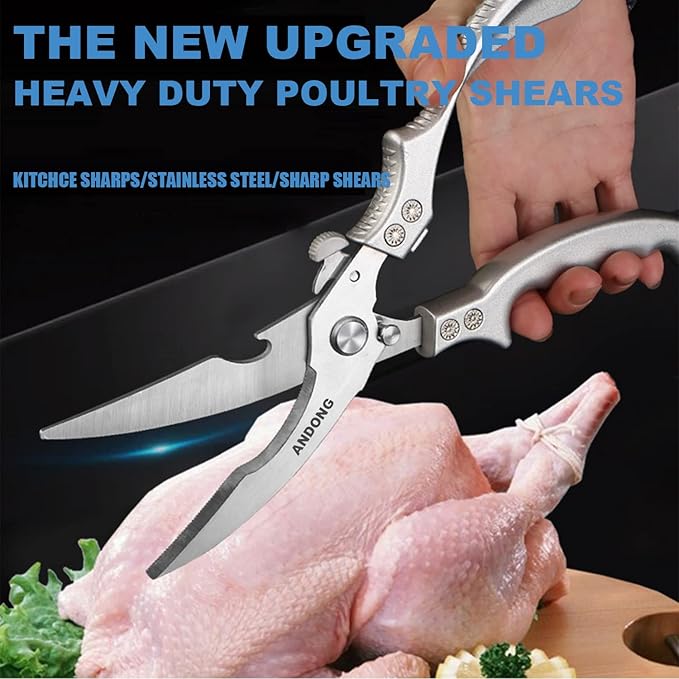 ANDONG Heavy Duty Professional Poultry Shears -Stainless Steel Kitchen & Meat Scissors with Leather Sheath, Dishwasher Safe Spring Loaded Utility Shears for Cooking, Butchering, Cutting
