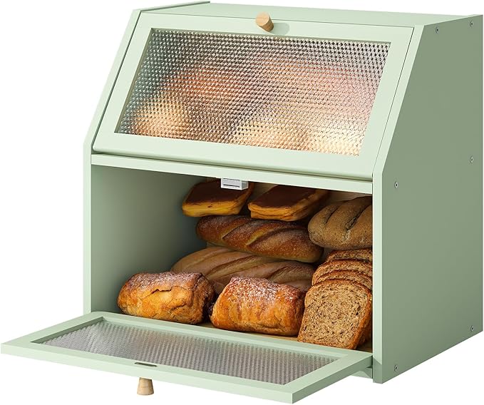 STDDRE Bread Box for Kitchen Countertop Bin Double Layer Bread Box Storage Container Extra Large Capacity Farmhouse with Diamond Pattern Windows (Green, Extra Large)