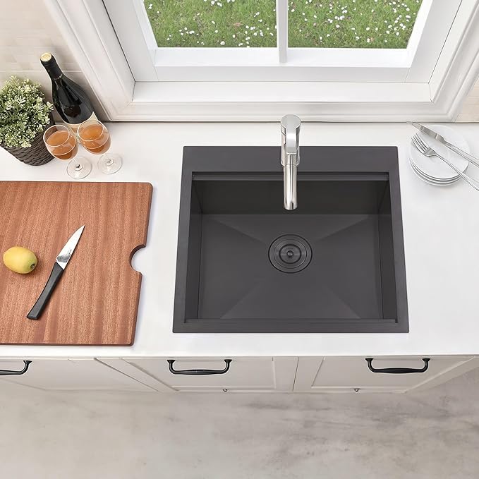 21x20 Inch Black Kitchen Sink, Drop In Bar Sink Black, Stainless Steel Square Small Topmount Workstation Sinks, Single Bowl Kitchen Sinks for Laundry Office Wet Bar Prep RV Outdoor Yard