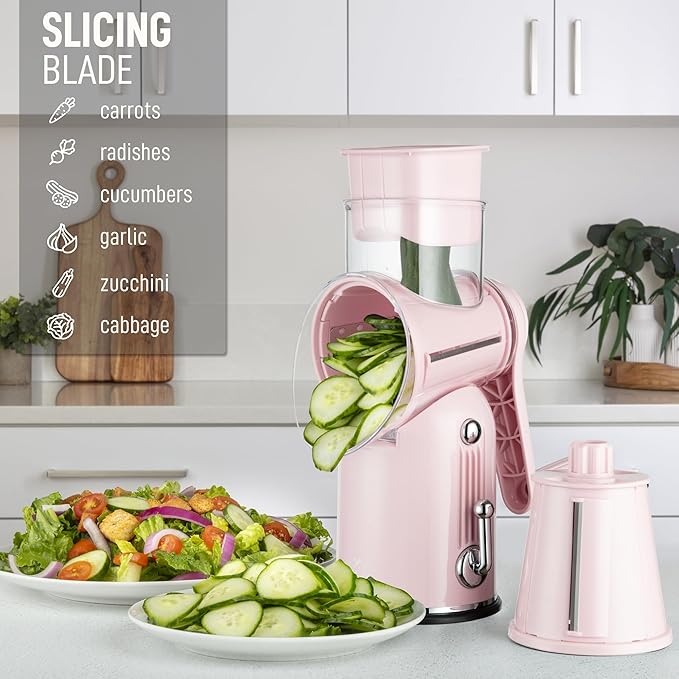 Zulay Kitchen Rotary Cheese Grater 5 Blade Cheese Shredder - Manual Hand Crank Cheese Grater With Reinforced Suction & 5 Interchangeable Drums - Easy to Use, Vegetable Chopper Round Mandoline Slicer