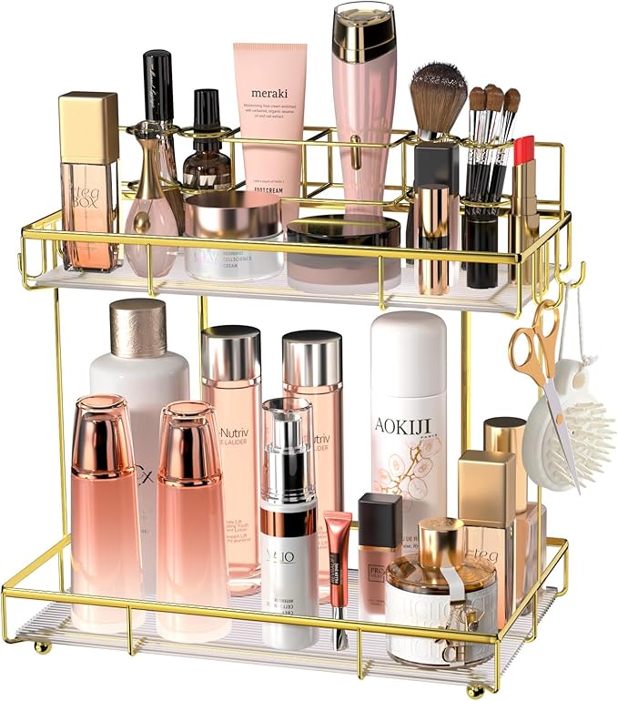 Megier 2 Tier Golden Bathroom Organizer Countertop, Small Countertop Organizer for Bathroom Decor, Kitchen Counter Shelf for Spice Rack and Snack, Vanity Makeup Organizers and Storage Tray for Bedroom