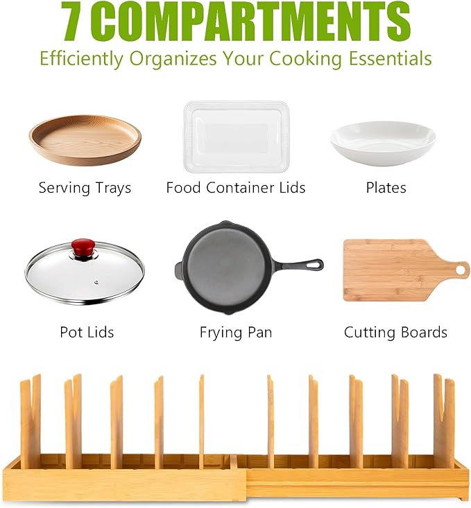 Pots and Pans Organizer for under Cabinet - Expandable Bamboo Pot Lid Organizer, Bakeware and Cutting Board Organizers, Drawer Pot Lid Holder Rack for Kitchen Organizers and Storage