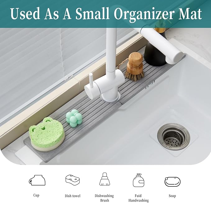 Stone Faucet Mat for Kitchen Sink Bathroom Counter, 23.6 Inch Light Grey Diatomite Water-Absorbing Drying Stone Mat, Sink Stone Tray Protector,Prevent Moisture Sink Splash Guard